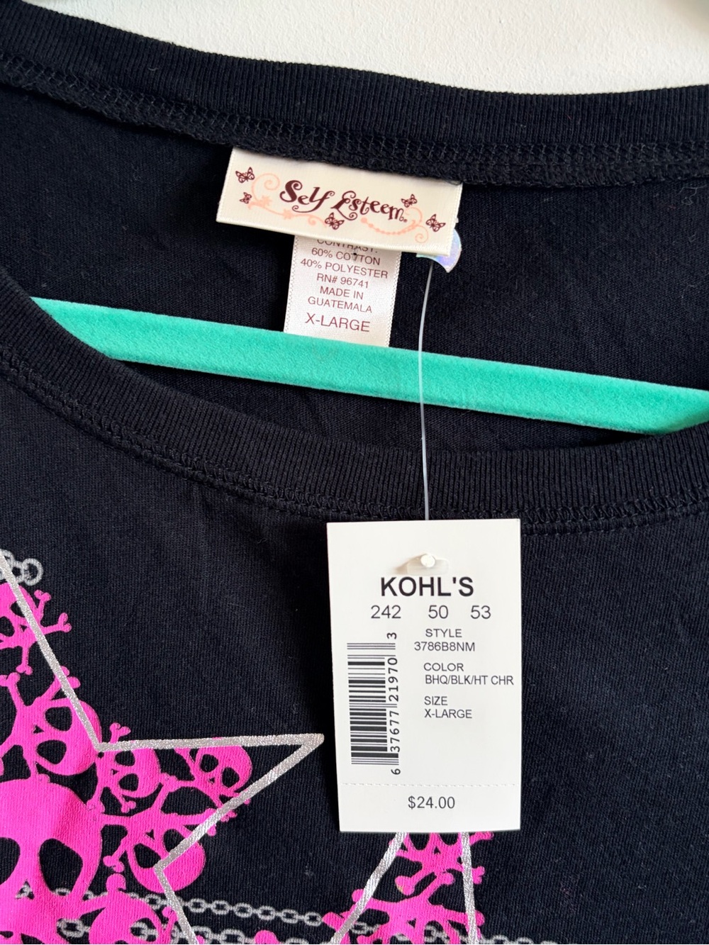 Self Esteem Black Long Sleeve Tee with Hot Pink Star Graphics - Picture 4 of 5
